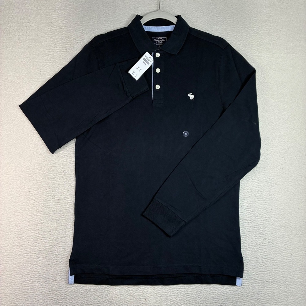 Abercrombie Fitch Polo Shirt Men M Blue Long Sleeve Stretch Pique Preppy NWT - Picture 2 of 8